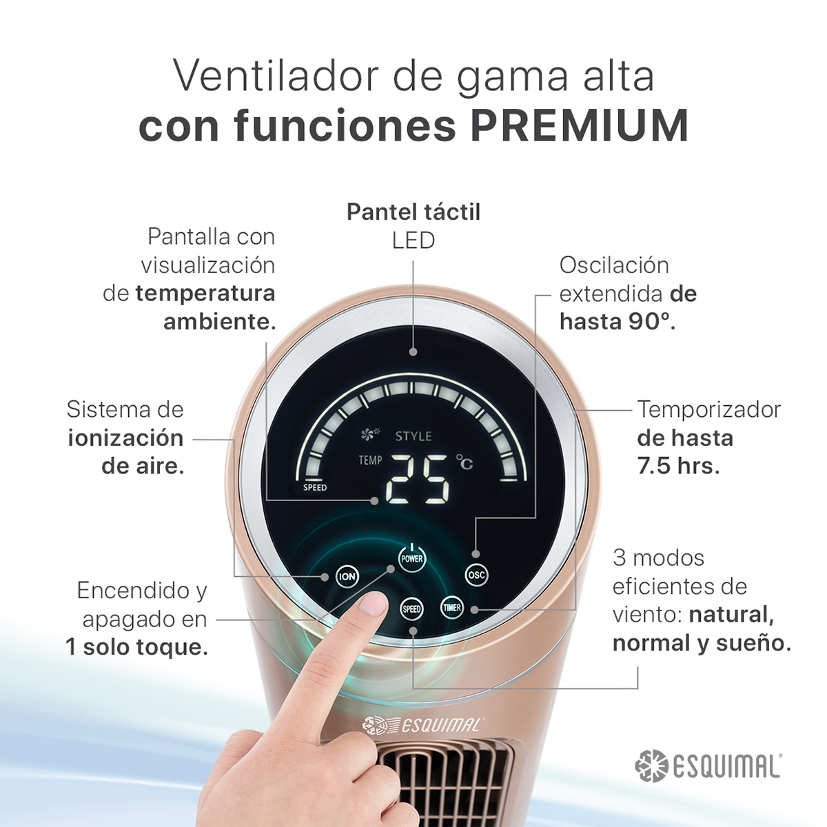 Ventilador de Torre 128 cm Ionizador Purificador con Caja de Aromas Panel con Temperatura Giratorio Cobre ESQUIMAL
