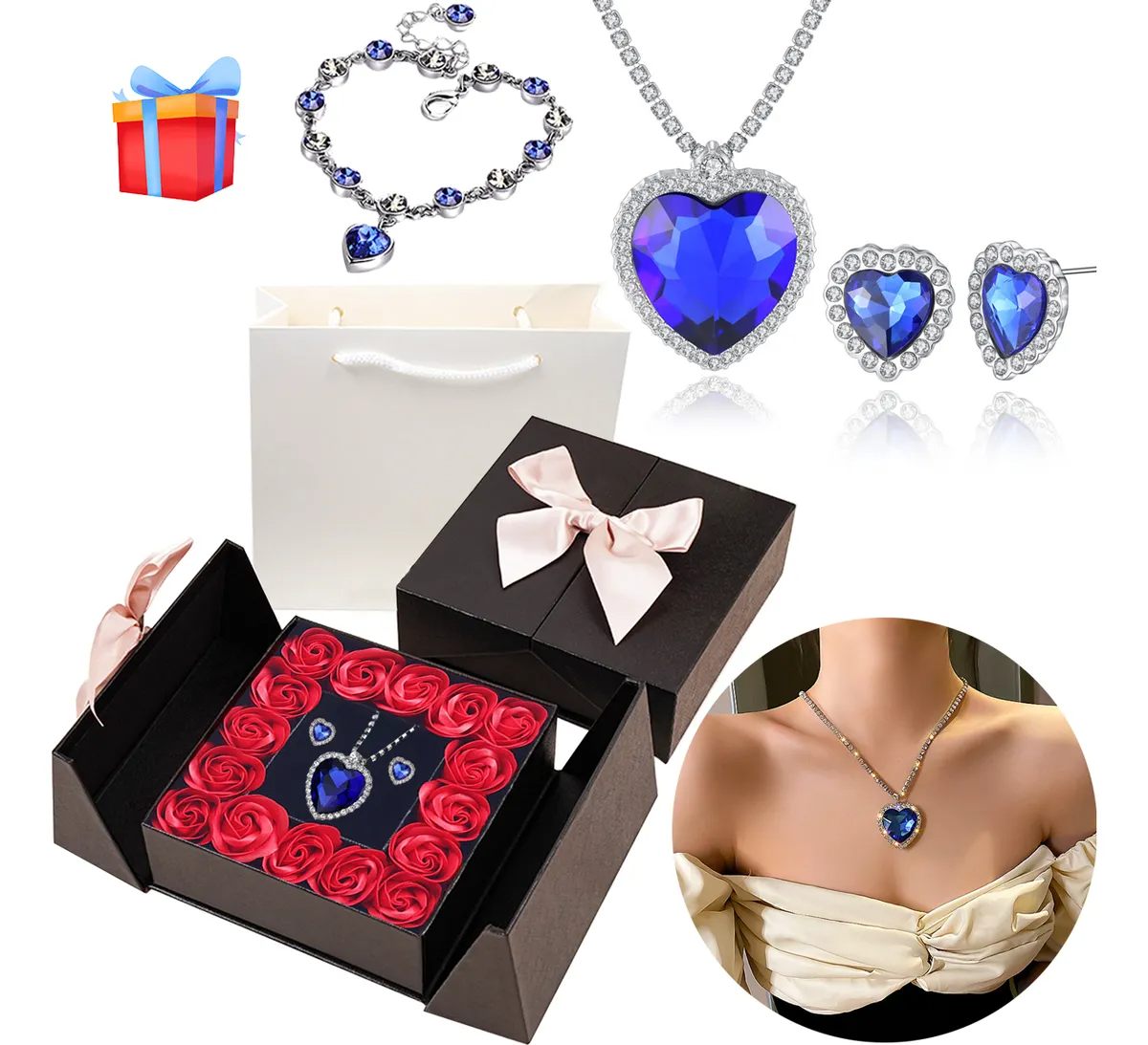 Collar Y Aretes Heart Of The Sea Y Caja De Regalo De Rosas
