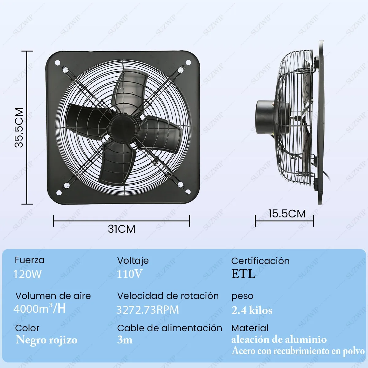 12'' Extractor De Aire Industrial 120w 4000m3/h 3272rpm 110v