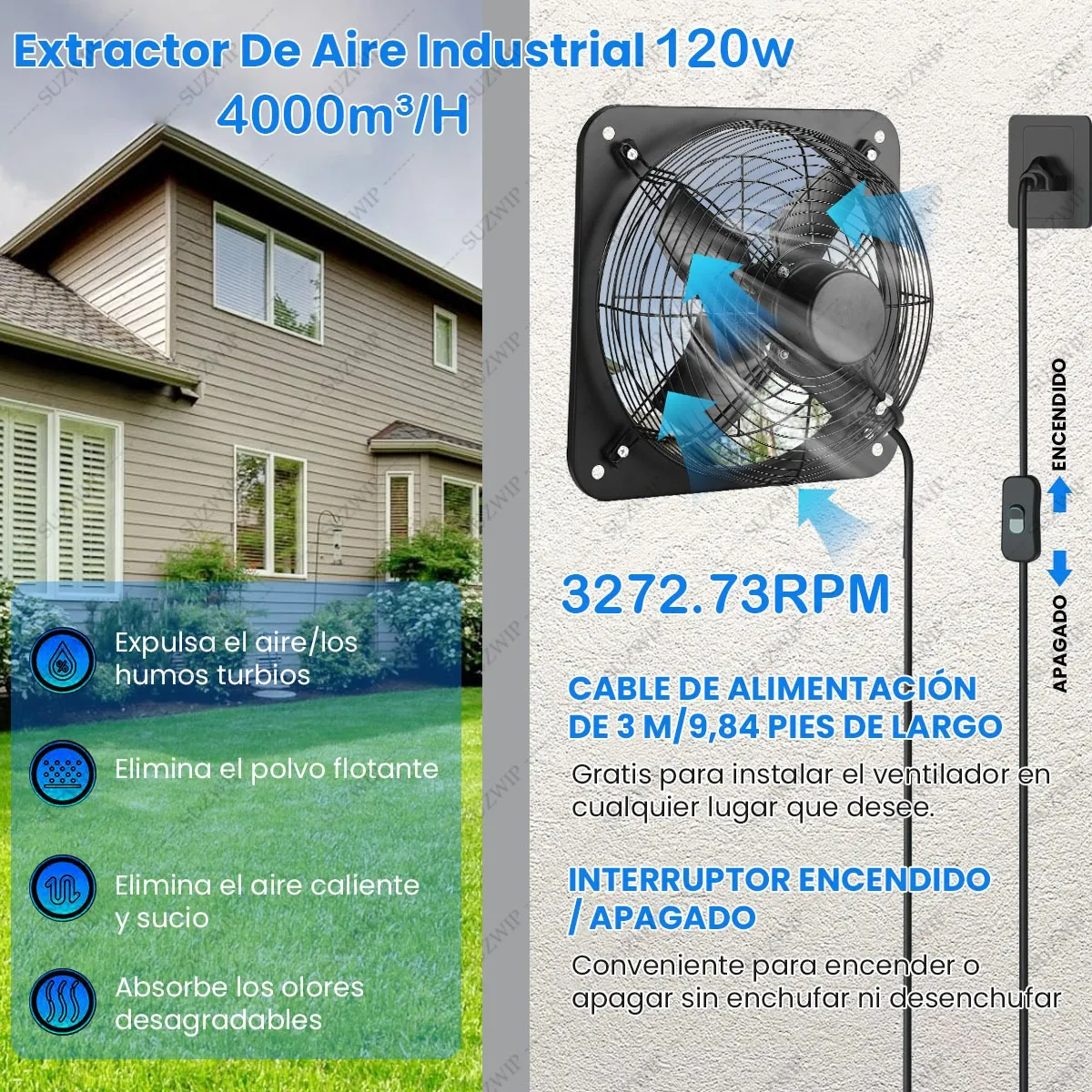 12'' Extractor De Aire Industrial 120w 4000m3/h 3272rpm 110v