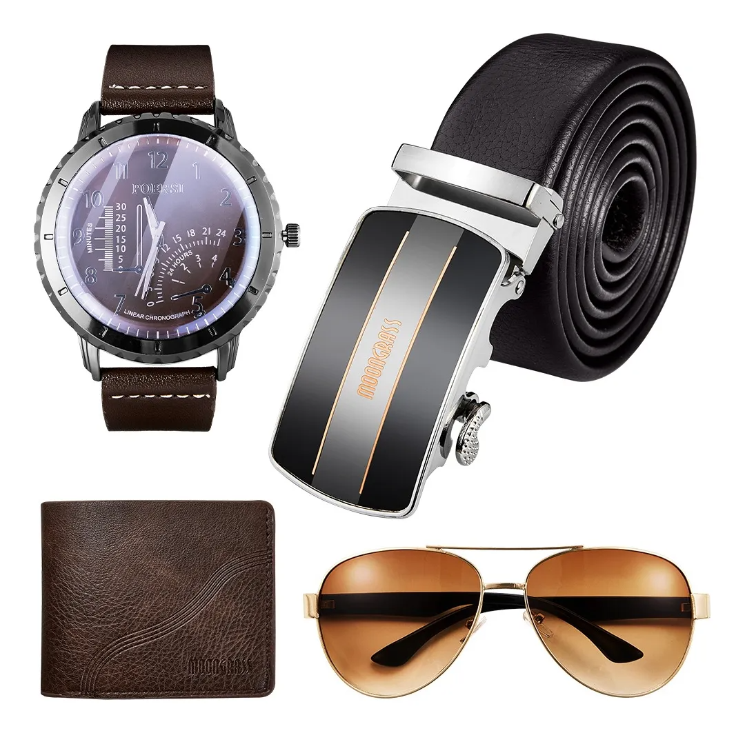 Set Regalo Hombre Cartera Cinturón Reloj Lentes Día De Padre