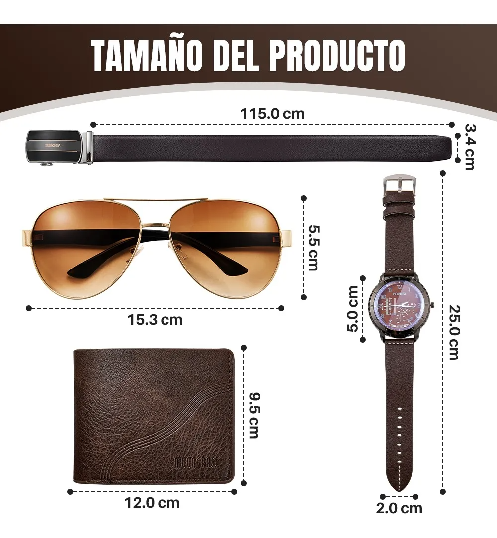 Set Regalo Hombre Cartera Cinturón Reloj Lentes Día De Padre