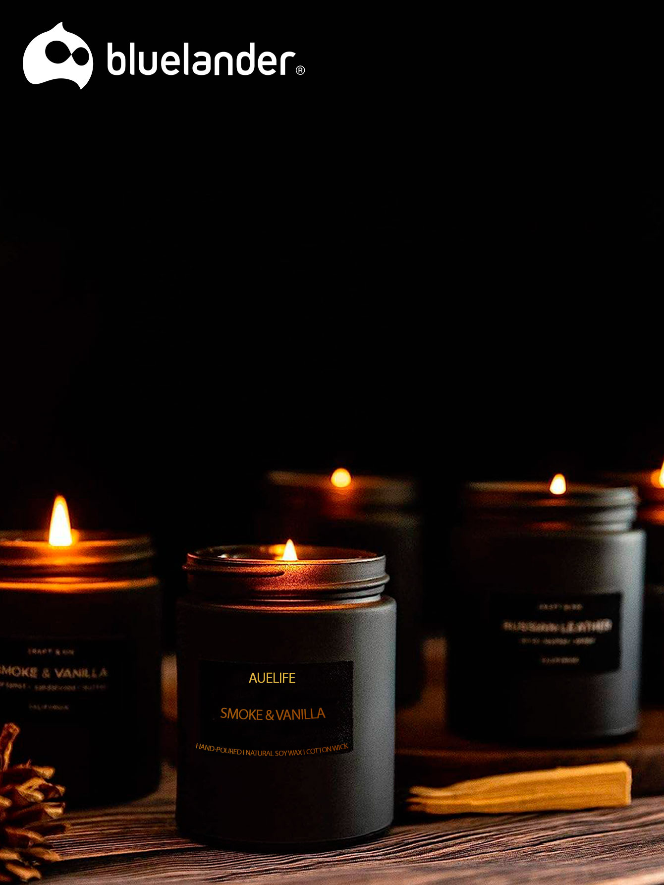 Set de 4 Velas Aromáticas Vainilla, Roble Antiguo, Lavanda y Cuero Antiguo, Bluelander