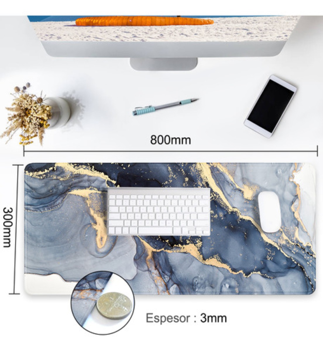 "Mouse Pad Jaspeado Alfombrilla Raton Antideslizante 80x30cm Azul Marino "