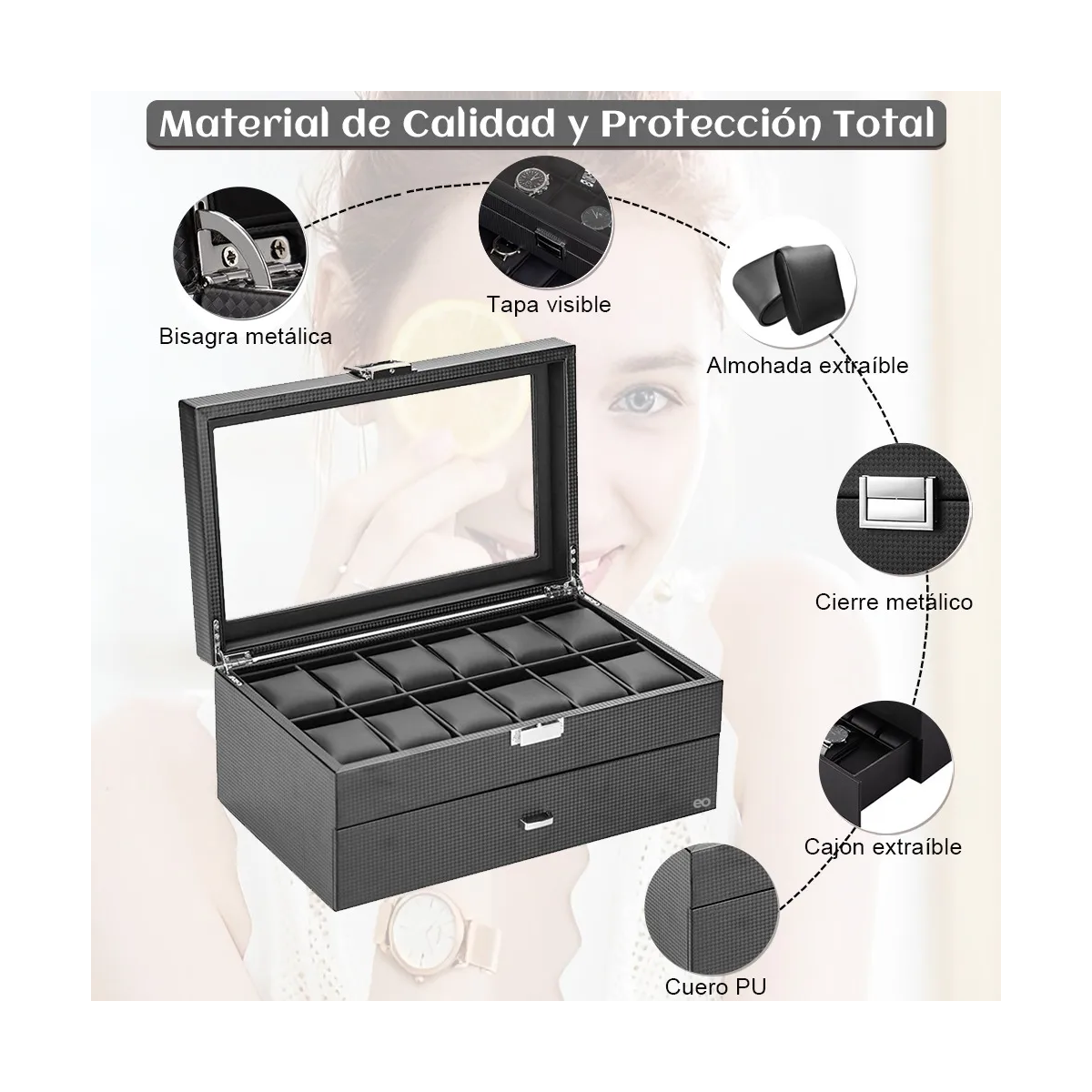 Estuche Exhibidor Relojes Caja Organizador Reloj 24 Espacios Negro