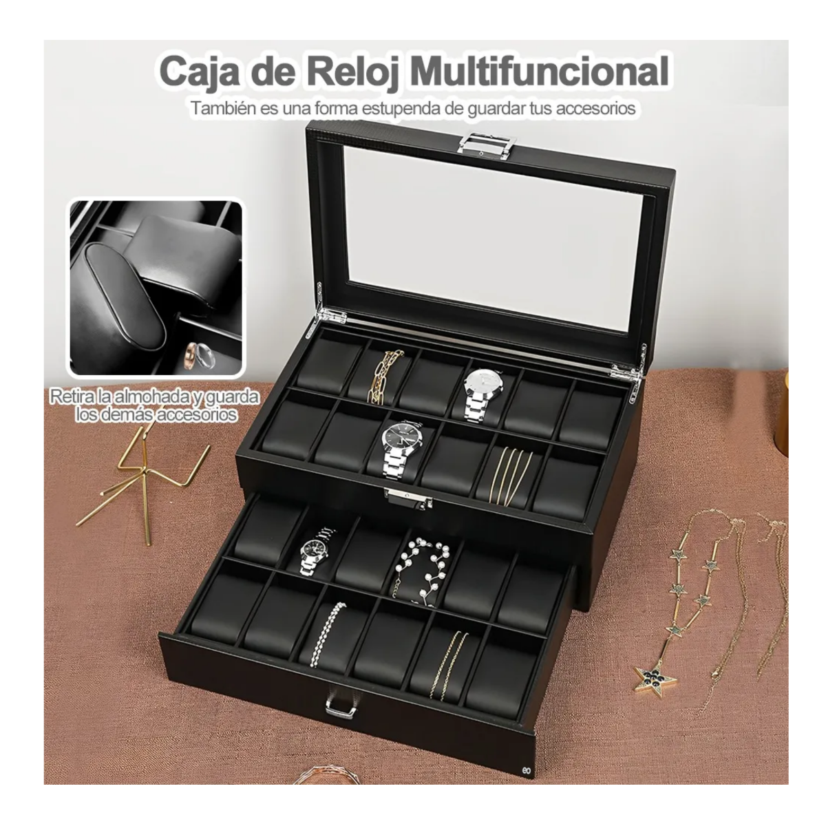 Estuche Exhibidor Relojes Caja Organizador Reloj 24 Espacios Negro