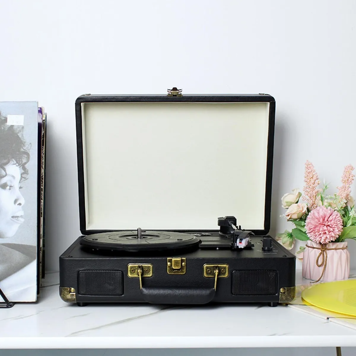 Tocadiscos De Vinilo Negro Retro Portátil Con Bluetooth