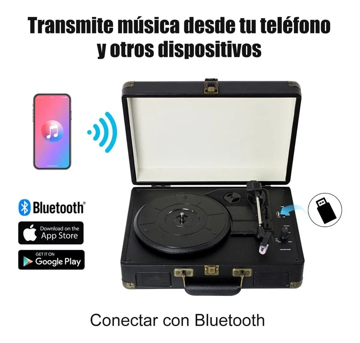 Tocadiscos De Vinilo Negro Retro Portátil Con Bluetooth