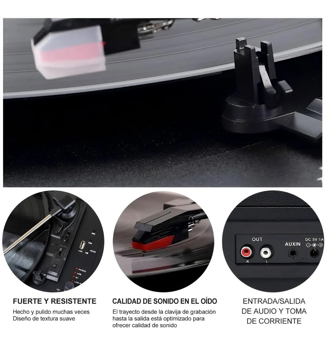 Tocadiscos De Vinilo Negro Retro Portátil Con Bluetooth
