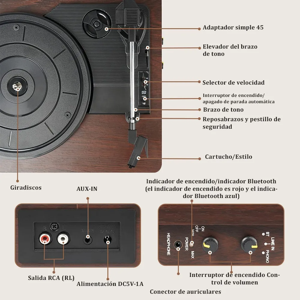 Tocadiscos De Vinilo Discos Tornamesa Vintage Con Bluetooth