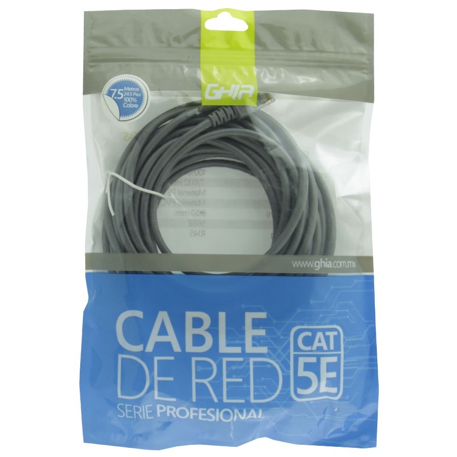 Bobina de Cable Ghia Cat5e Utp Rj-45 100% Cobre 7.5m Color Gris Modelo GCB-018