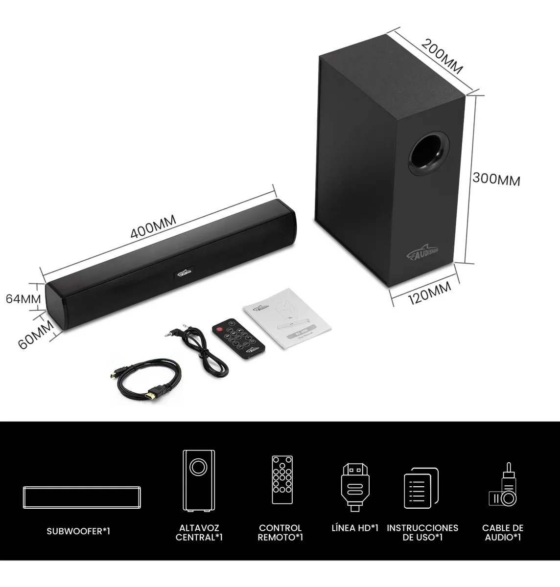 Barra De Sonido Con Subwoofer 2.1 Home Theater Audishako BS-400 Barra De Sonido Bluetooth Bocinas Con AUX/HDMI/USB Conector 110V Bluetooth 5.3 Color Negro