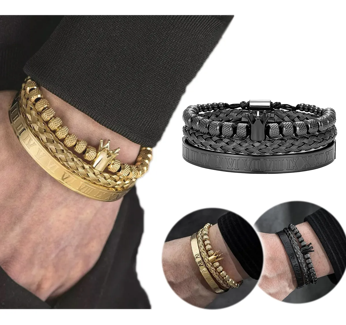 Set 3 Pulseras De Corona Acero Lujo Romano Brazalete Inox