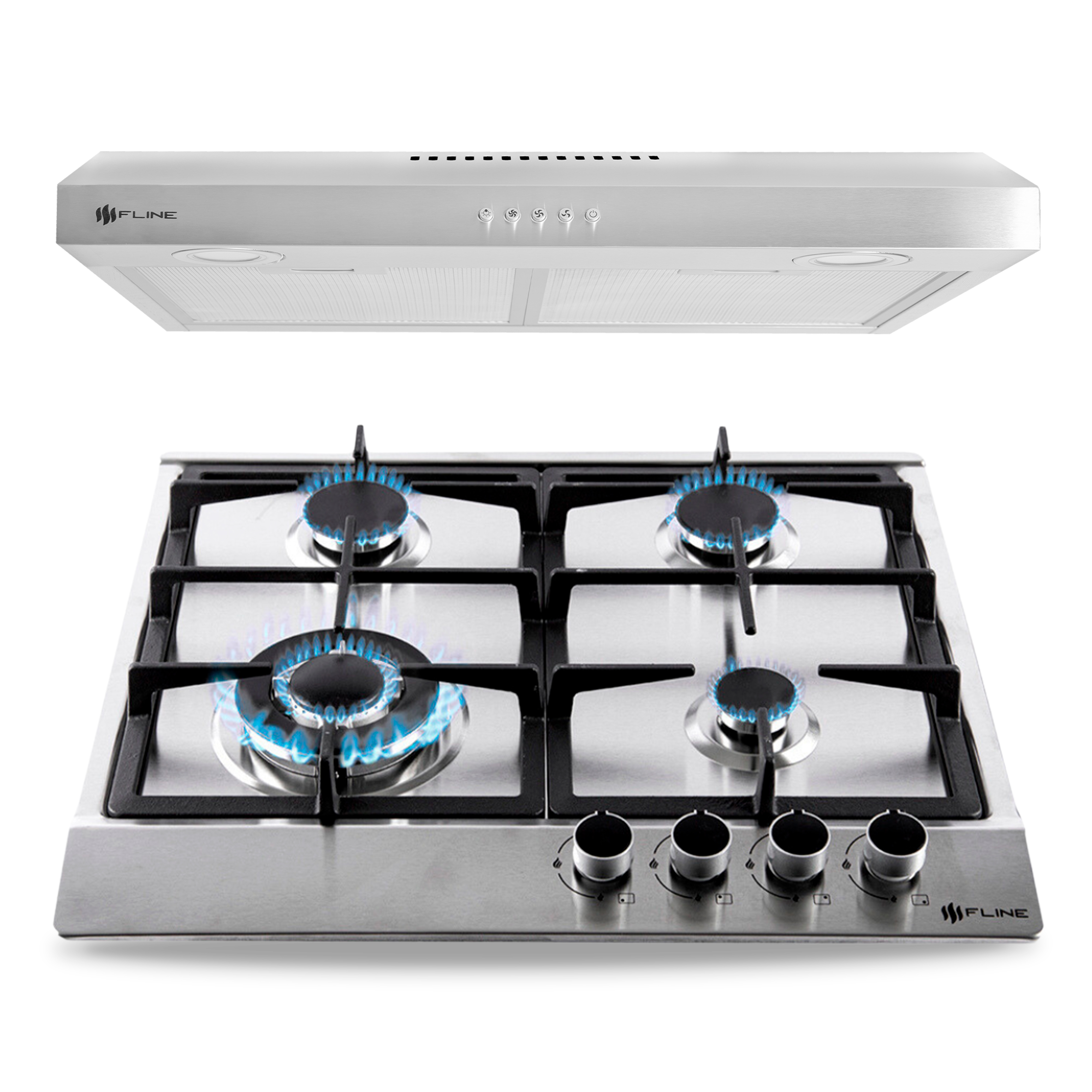 Combo parrilla de gas y  campana extractora 60 cm | gabinete | acero inoxidable | 4 quemadores | 3 velocidades | FLINE
