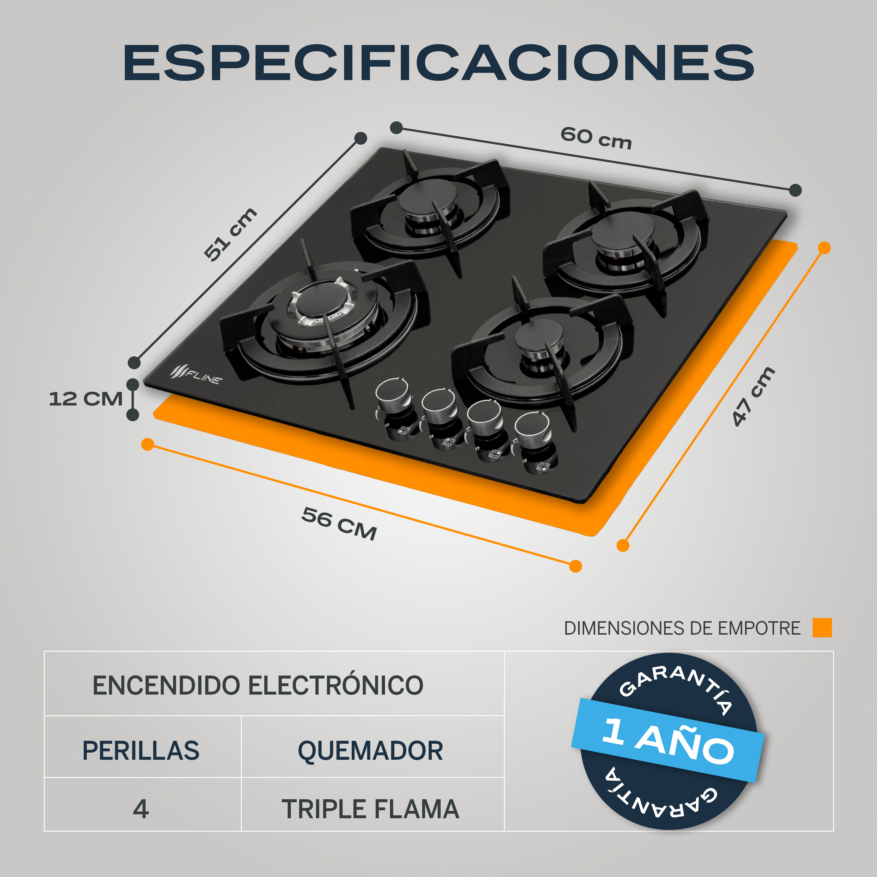 Combo parrilla de gas y  campana extractora 60 cm | negra | 4 quemadores | vidrio templado y acero negro |gabinete | controles boton | FLINE