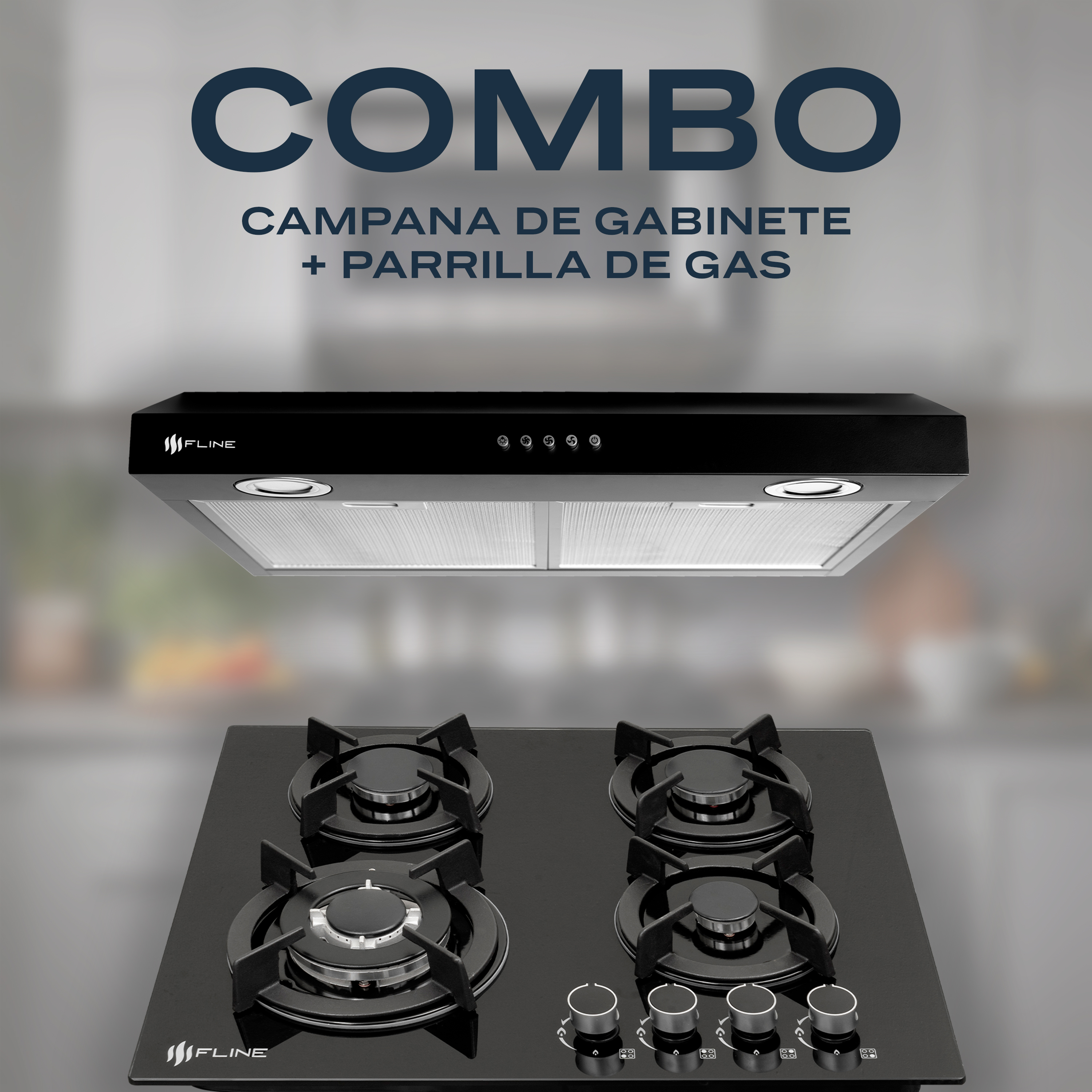 Combo parrilla de gas y  campana extractora 60 cm | negra | 4 quemadores | vidrio templado y acero negro |gabinete | controles boton | FLINE