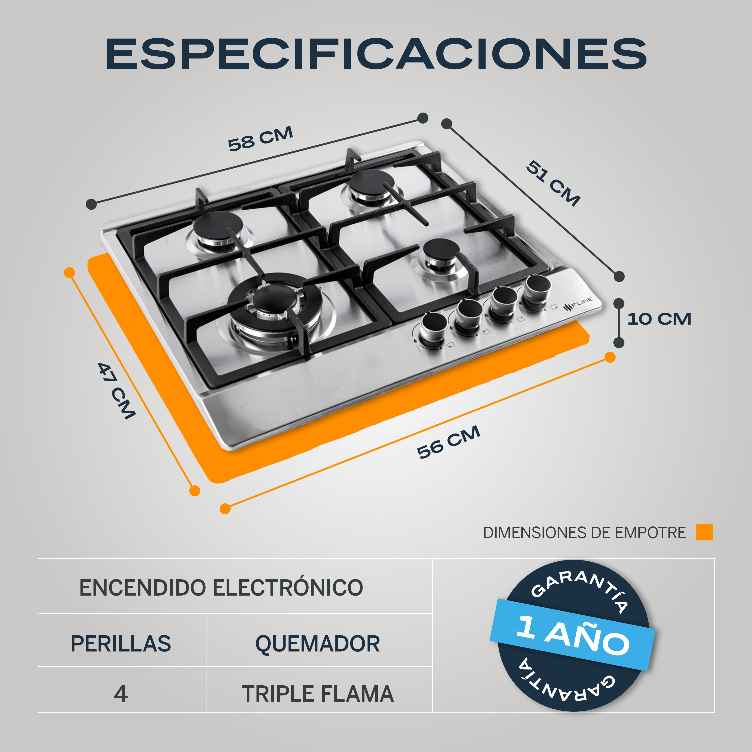 Combo parrilla de gas y  campana extractora 60 cm | gabinete | acero inoxidable | 4 quemadores | 3 velocidades | FLINE