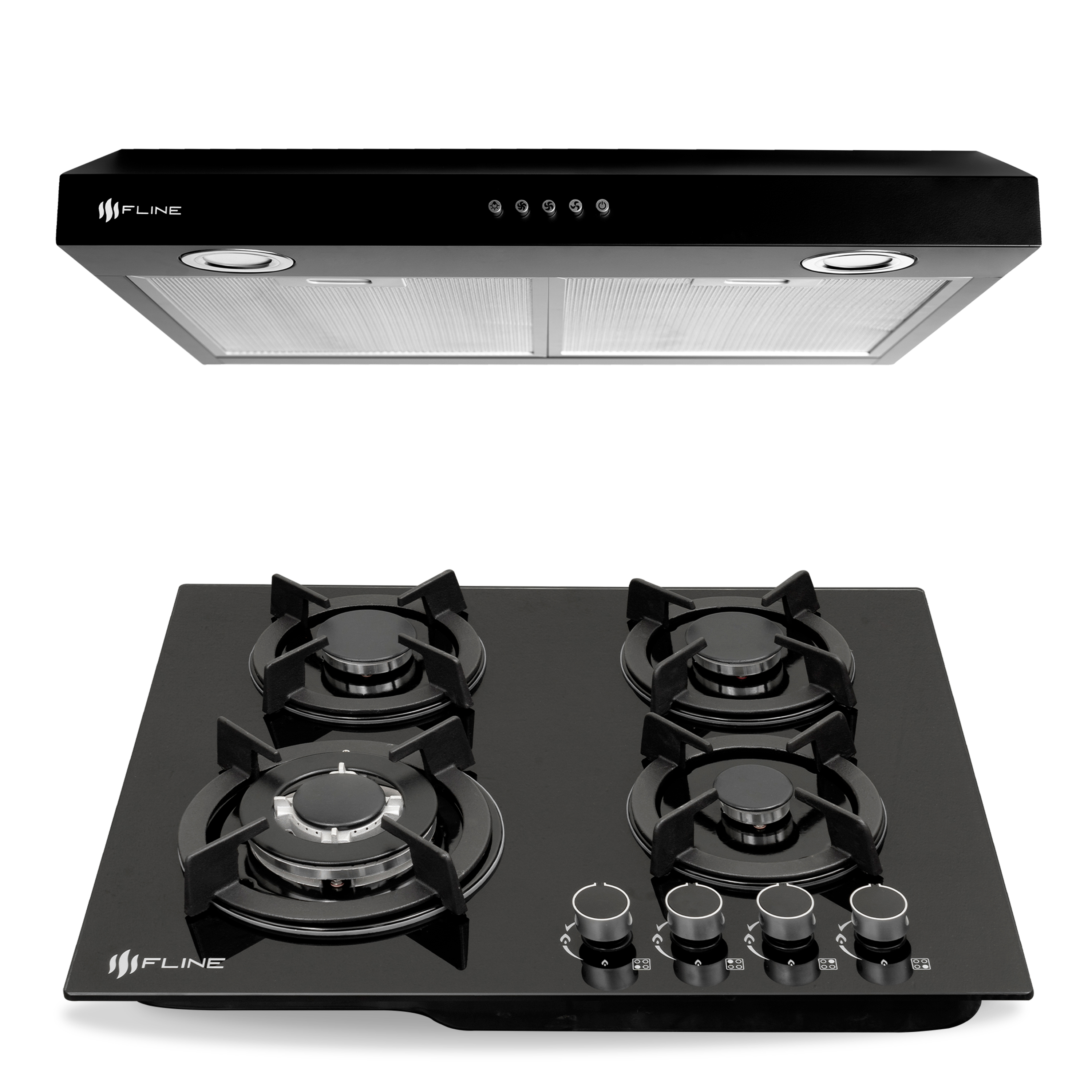 Combo parrilla de gas y  campana extractora 60 cm | negra | 4 quemadores | vidrio templado y acero negro |gabinete | controles boton | FLINE