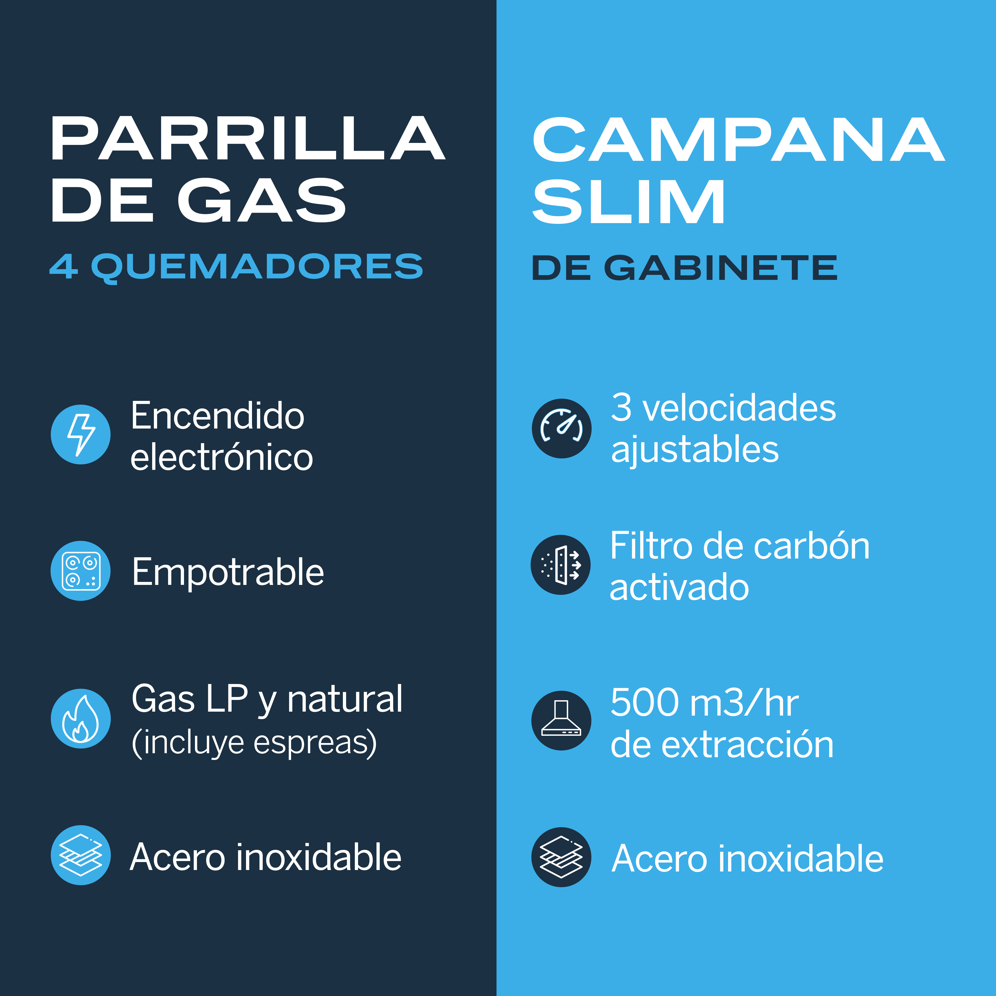 Combo parrilla de gas y  campana extractora 60 cm | gabinete | acero inoxidable | 4 quemadores | 3 velocidades | FLINE