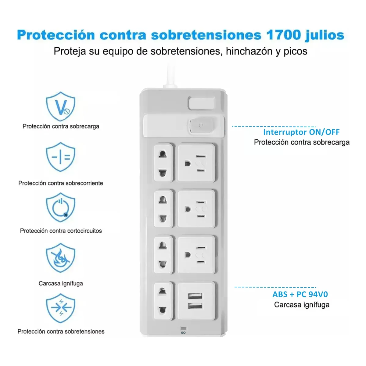 Extensión Multi Contacto, 2 Puertos Usb, 7 Contactos, Blanco