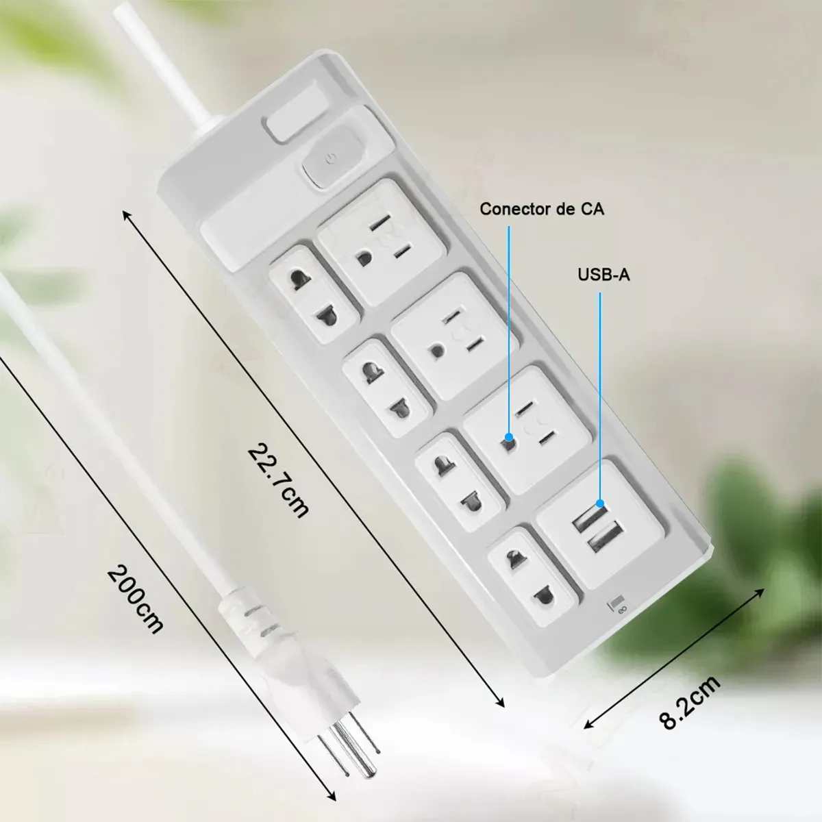 Extensión Multi Contacto, 2 Puertos Usb, 7 Contactos, Blanco