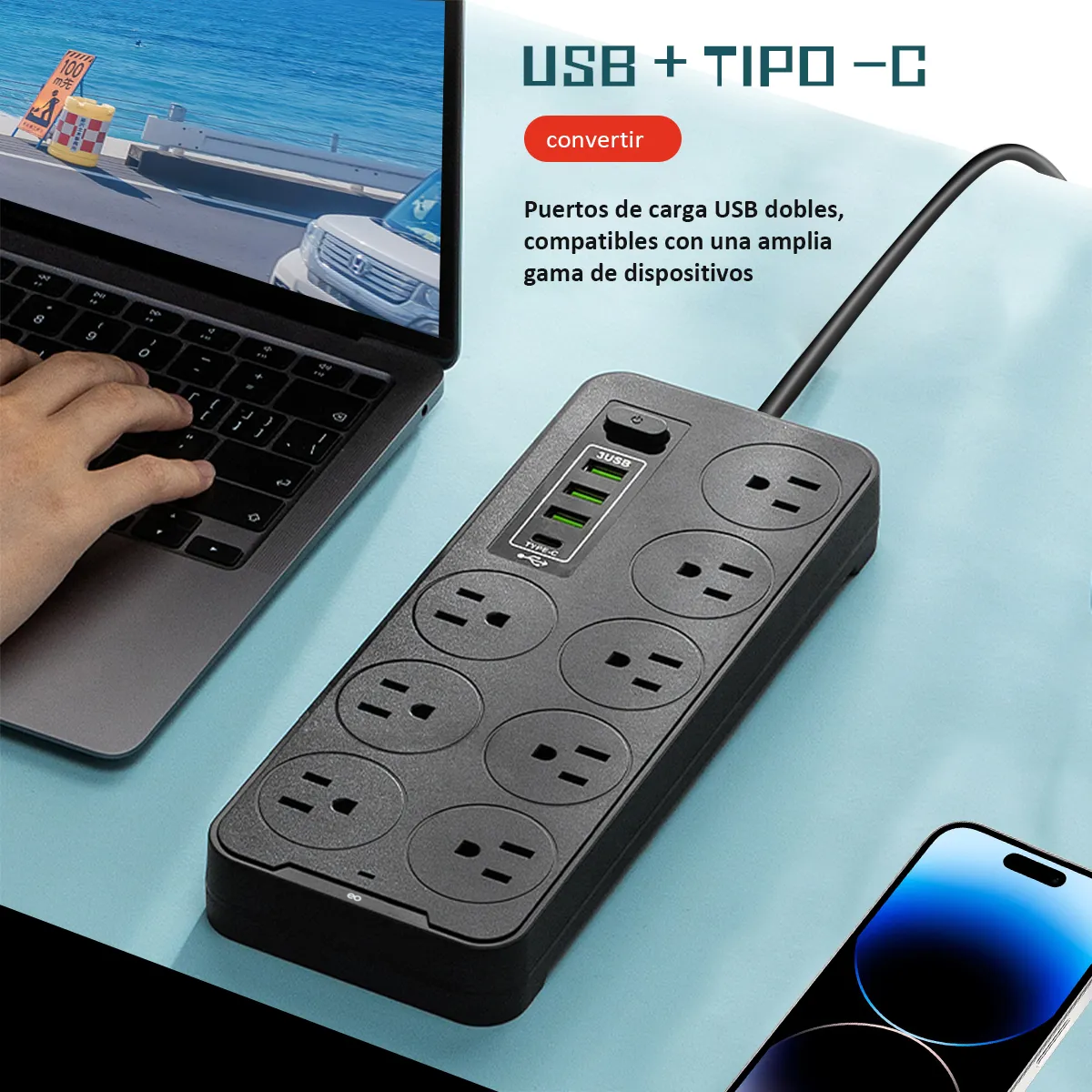 2 Piezas Multicontactos Usb 2500w Cable De Cobre De 2 Metros 