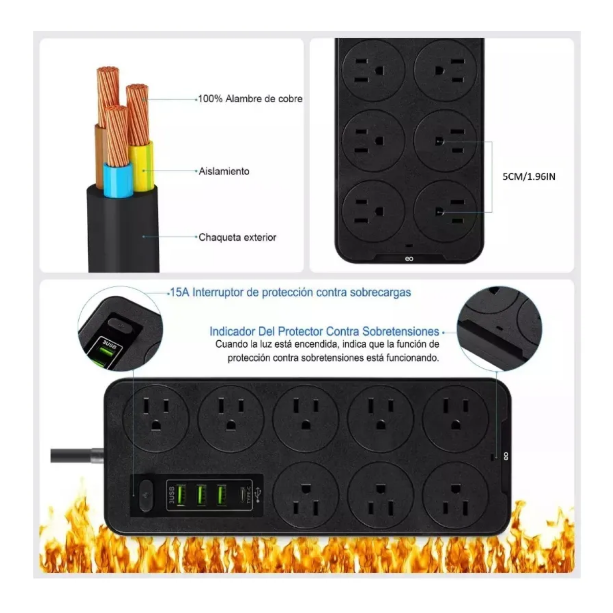 2 Piezas Multicontactos Usb 2500w Cable De Cobre De 2 Metros 