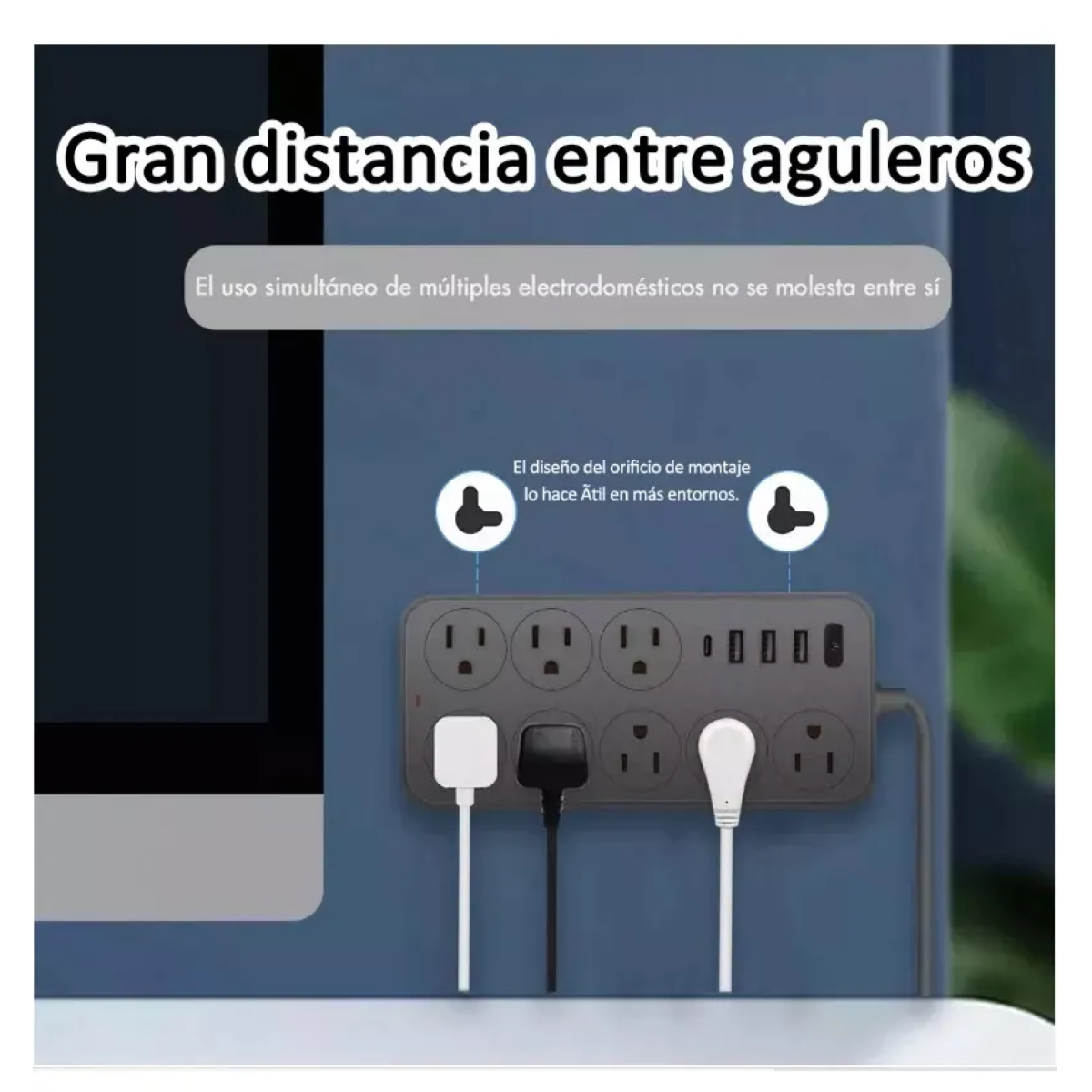 2 Piezas Multicontactos Usb 2500w Cable De Cobre De 2 Metros 