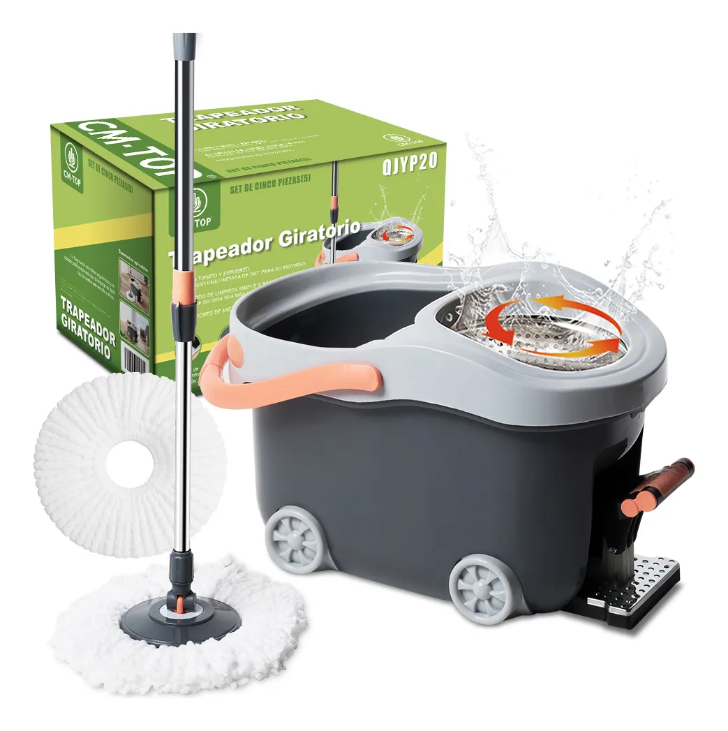 Trapeador Giratorio Cm-top Qjyp20 Cubeta Con Pedal Spin Mágico Microfibra 1 Repuesto Sistema Limpieza De Piso Sin Ruedas Color Gris
