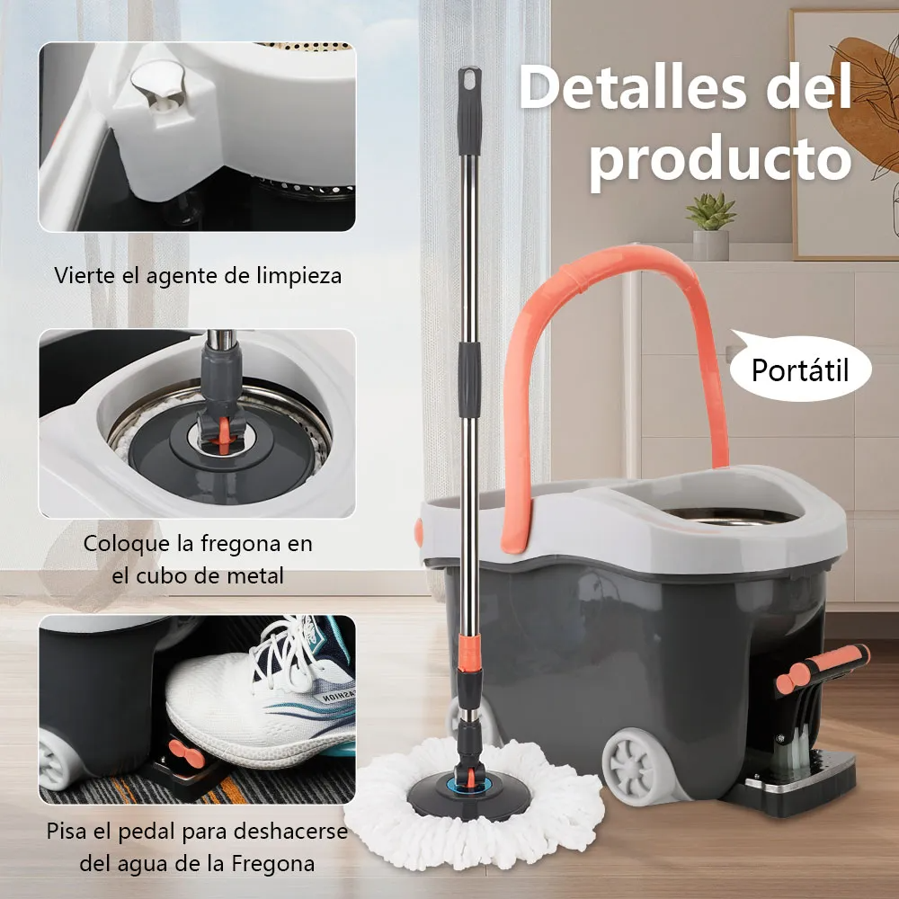 Trapeador Giratorio Cm-top Qjyp20 Cubeta Con Pedal Spin Mágico Microfibra 1 Repuesto Sistema Limpieza De Piso Sin Ruedas Color Gris