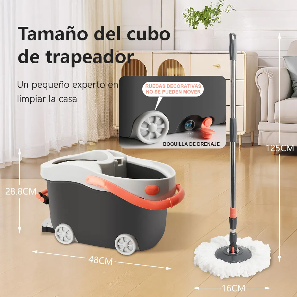 Trapeador Giratorio Cm-top Qjyp20 Cubeta Con Pedal Spin Mágico Microfibra 1 Repuesto Sistema Limpieza De Piso Sin Ruedas Color Gris