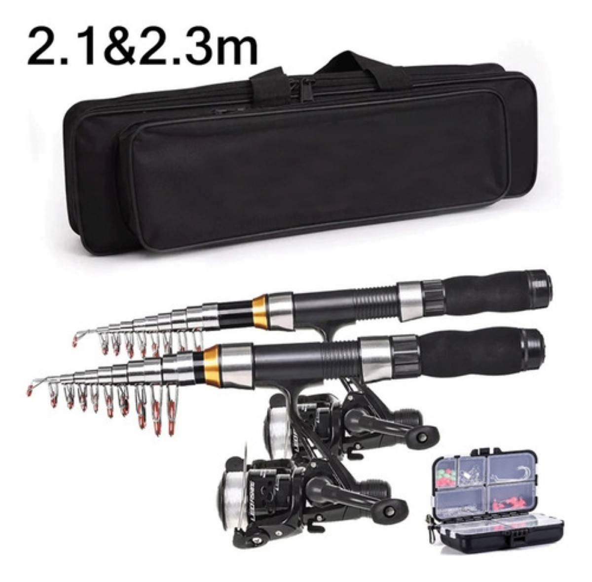 "Lixada Kit Caña De Pescar Y Carrete Completo 2.1m+2.3m negro  "
