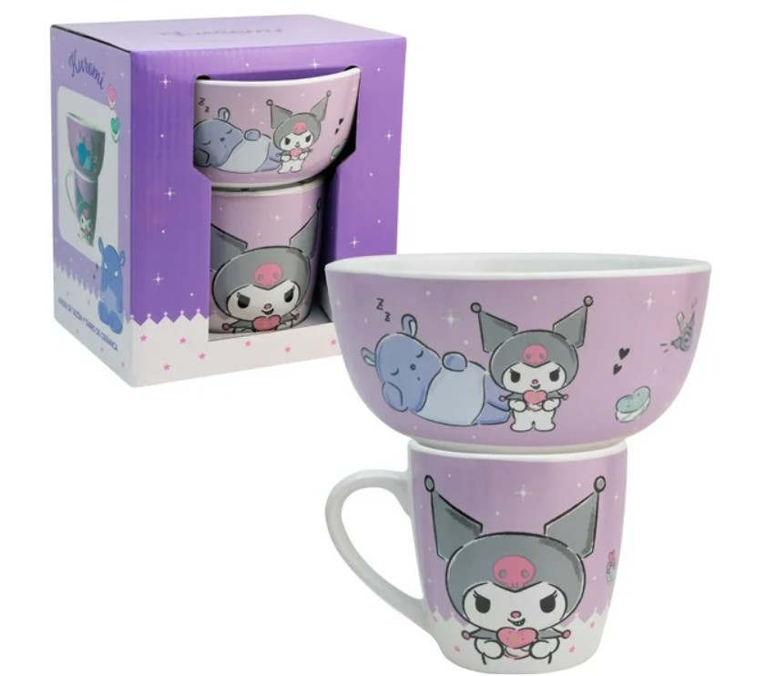 Set Desayuno Individual, Vajilla Porcelana 2 Piezas, Diseño Kuromi Sanrio con Caja de Regalo