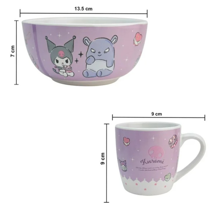 Set Desayuno Individual, Vajilla Porcelana 2 Piezas, Diseño Kuromi Sanrio con Caja de Regalo