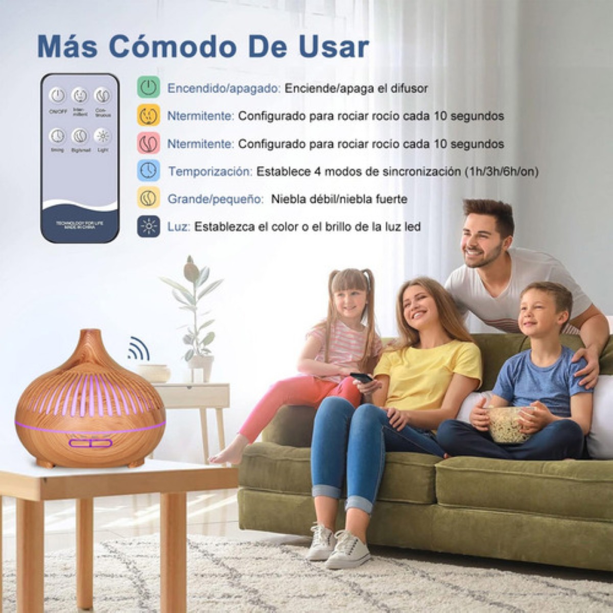 "Humidificador Difusor Aire Con Control Esencias Aceite 8 Pzs Madera Clara "