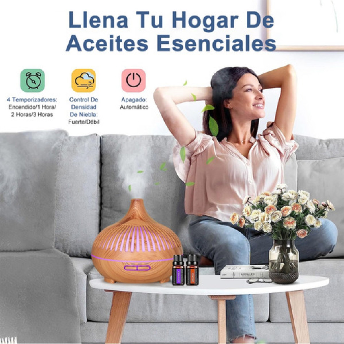 "Humidificador Difusor Aire Con Control Esencias Aceite 8 Pzs Madera Clara "
