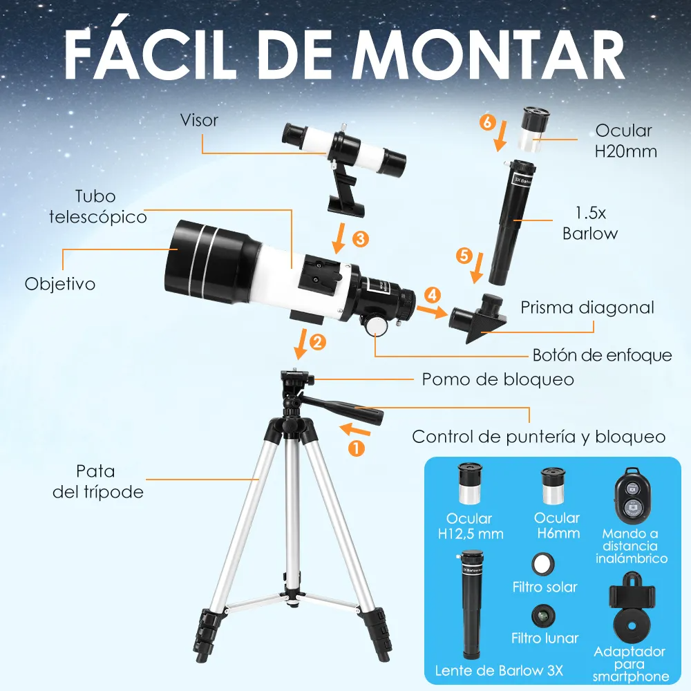 Telescopio Astronómico Profesional 70/300mm 150x Remoto Bluetooth con Adaptador para Smartphone Nasjac Blanco