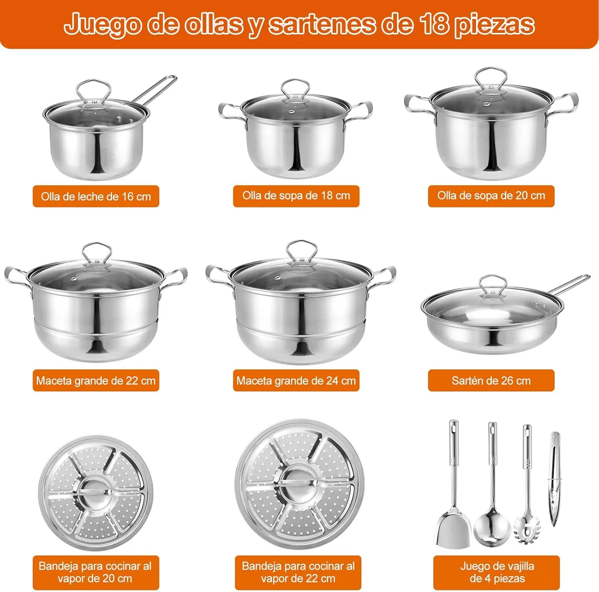 18pcs Completa Bateria De Cocina Antiadherente Inoxidable