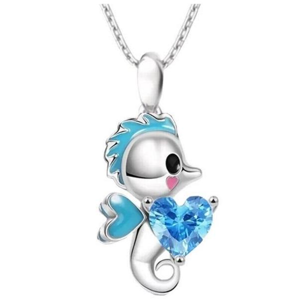 Collar Caballo de Mar Corazón MXAHO-001 1Pza Caballo de Mar PlataAzul Metal Cadena y Dije, SeahorseNeck01