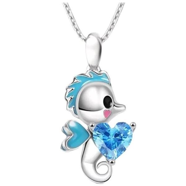 Collar Caballo de Mar Corazón MXAHO-001 1Pza Caballo de Mar PlataAzul Metal Cadena y Dije, SeahorseNeck01
