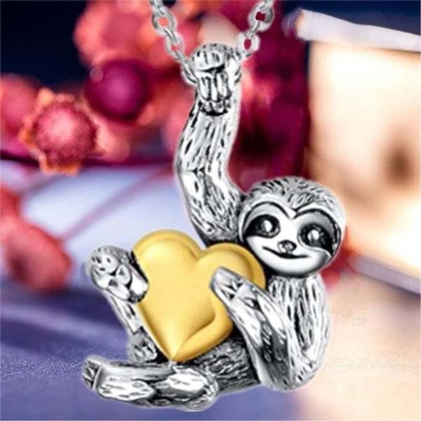Collar Oso Perezoso Corazón MXLCV-001 1Pza Oso Perezoso GrisDorado Metal Cadena y Dije, SlothyNeck01