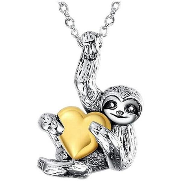 Collar Oso Perezoso Corazón MXLCV-001 1Pza Oso Perezoso GrisDorado Metal Cadena y Dije, SlothyNeck01