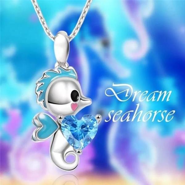 Collar Caballo de Mar Corazón MXAHO-001 1Pza Caballo de Mar PlataAzul Metal Cadena y Dije, SeahorseNeck01
