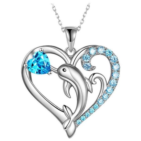 Cadenas de Delfin MXINN-001 1Pza DelfínCorazón PlataAzul Metal Cadena y Dije, DolphinNeck01