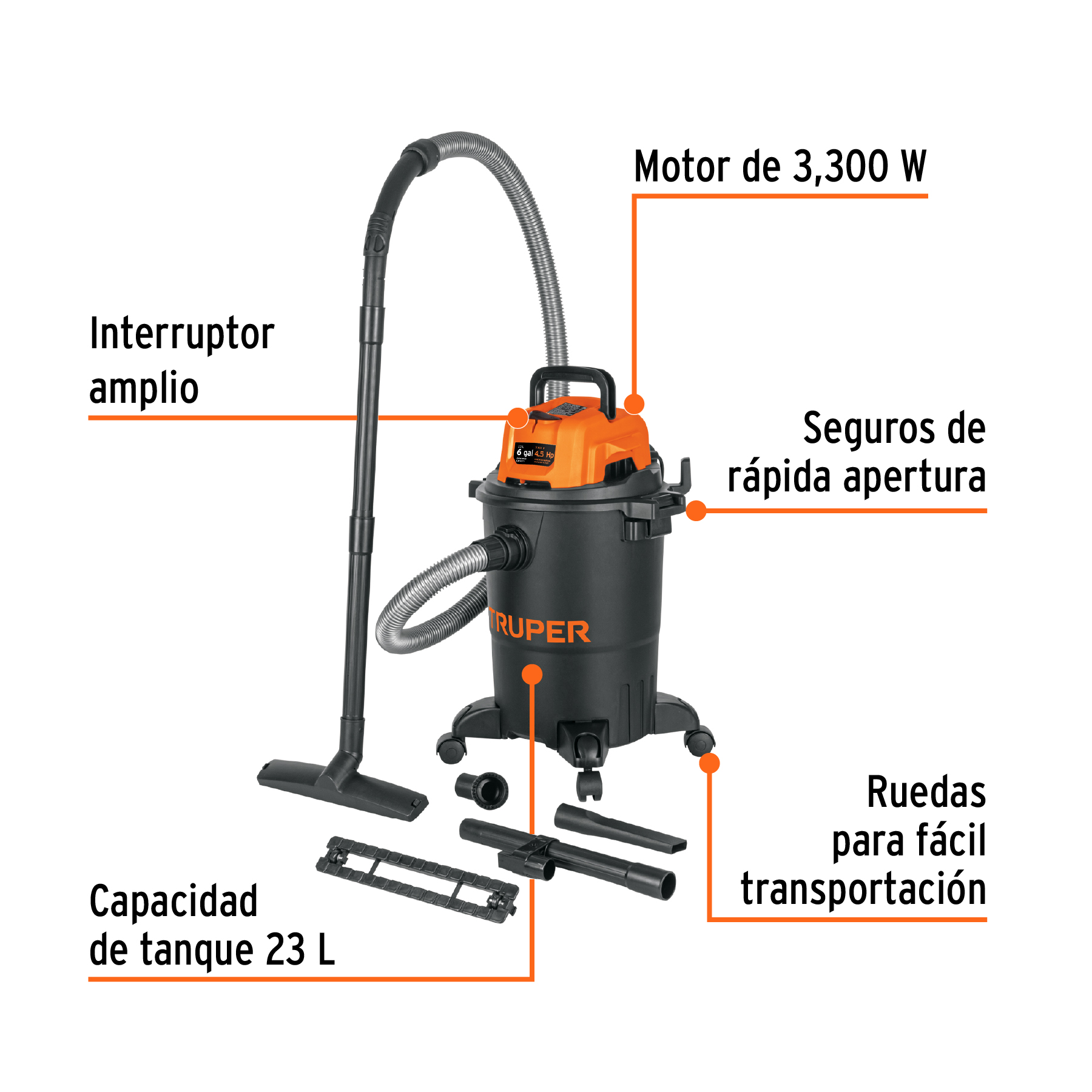Aspiradora de sólidos y líquidos, 6 galones, plástica, negra Truper Premium Limpieza Profunda