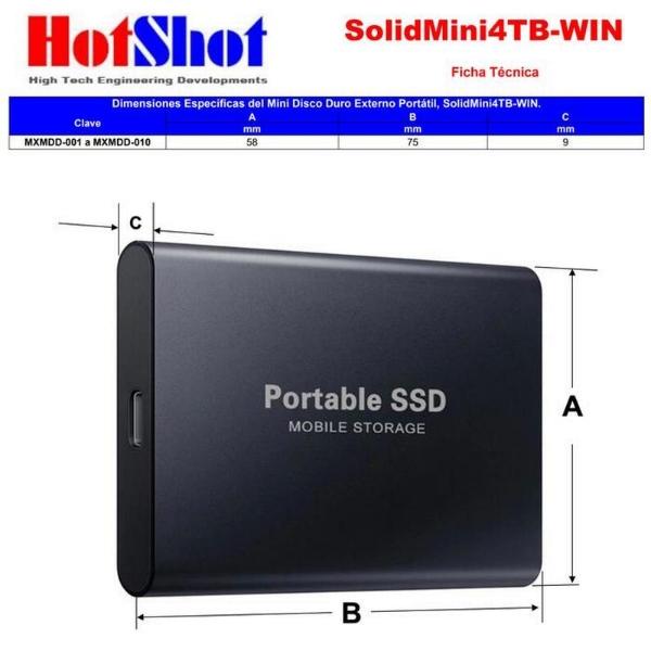 Disco Duro SSD Portátil Durable 4TB MXMDD-003 1 Pza 4TB Rojo SSD Lectura 30 MBs Escritura 37 MBs USB-C Entrada USB-A-C Salida, SolidMini04TB-WIN