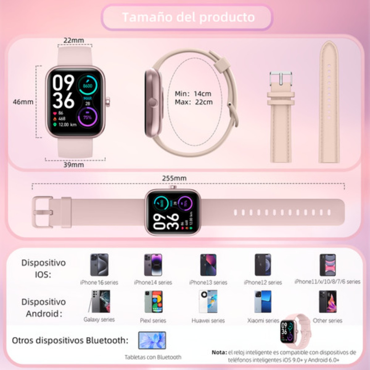 "Smartwatch Mujer Hombre Reloj Inteligente Bt Llamadas Alexa rosa "