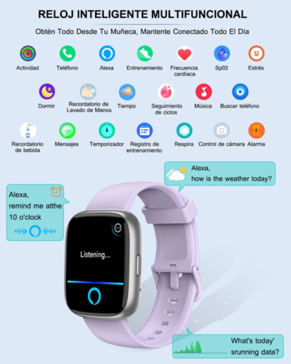 "Reloj Inteligente 1.85'' Smartwatch Llamadas Bluetooth Alexa lila "