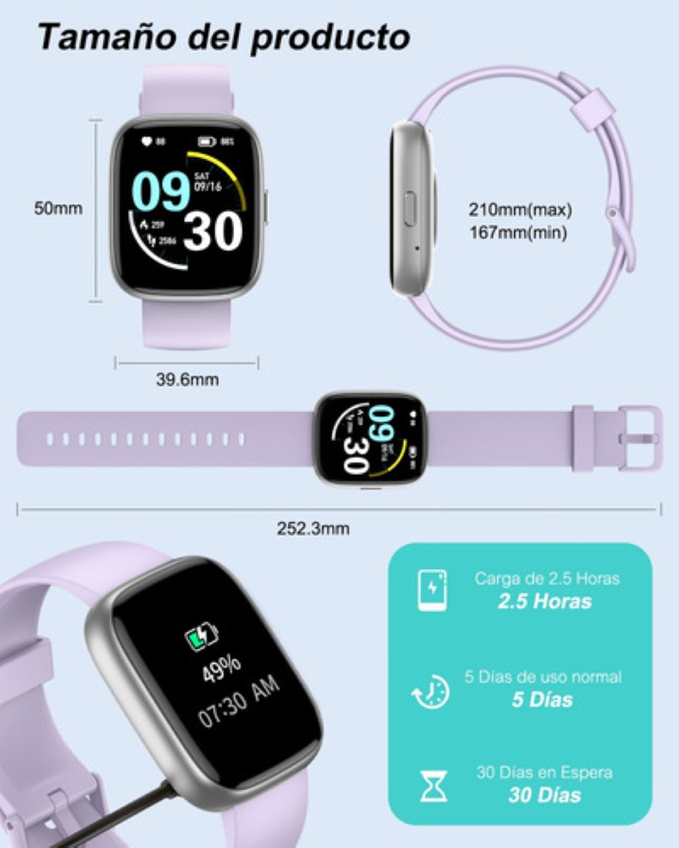 "Reloj Inteligente 1.85'' Smartwatch Llamadas Bluetooth Alexa lila "