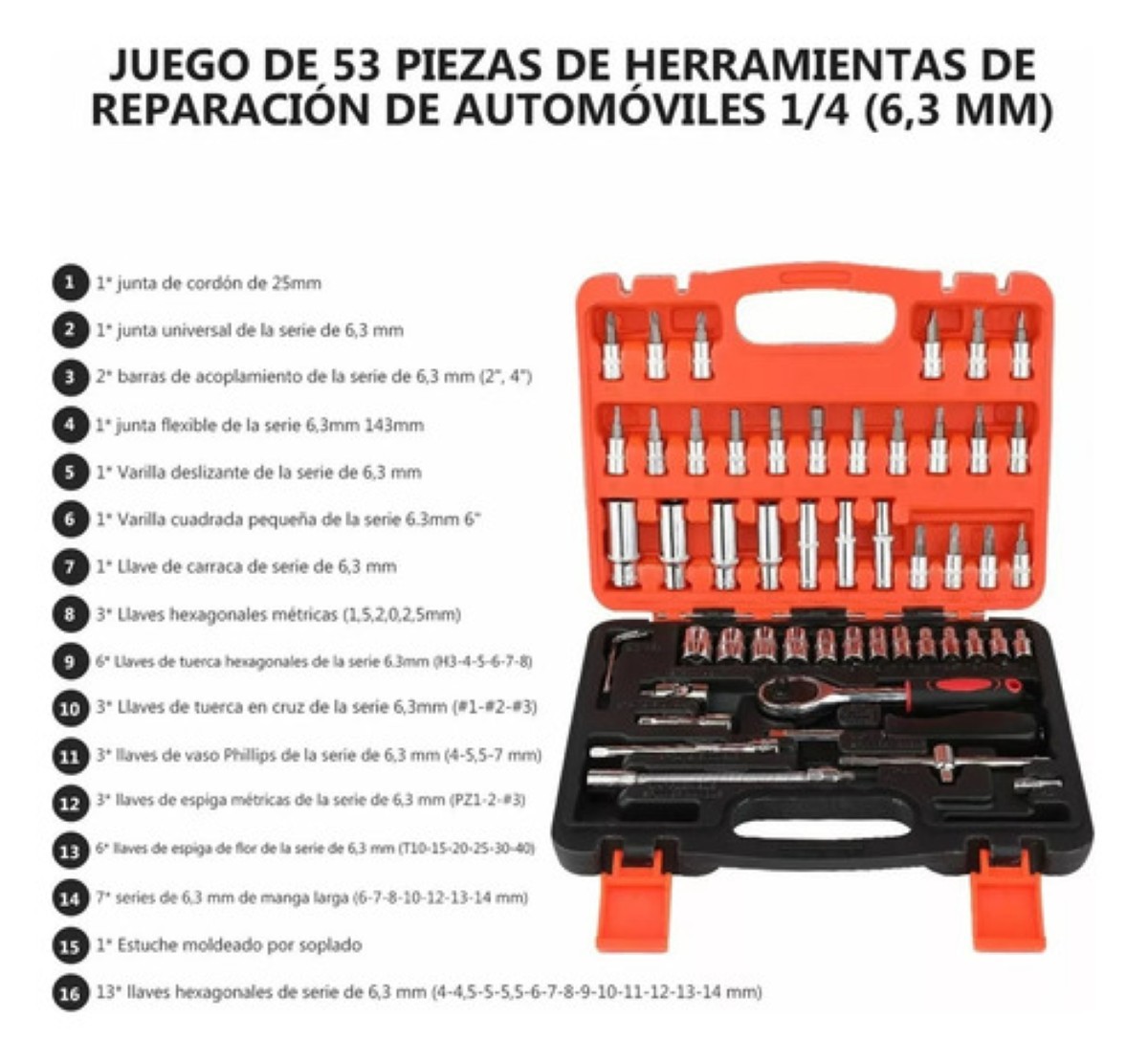 "Juego De Herramientas De Llaves Trinquete Y Vaso 1/4 53pzs Estuche naranja "